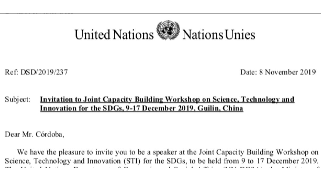 UN invitation as VIP speaker in China